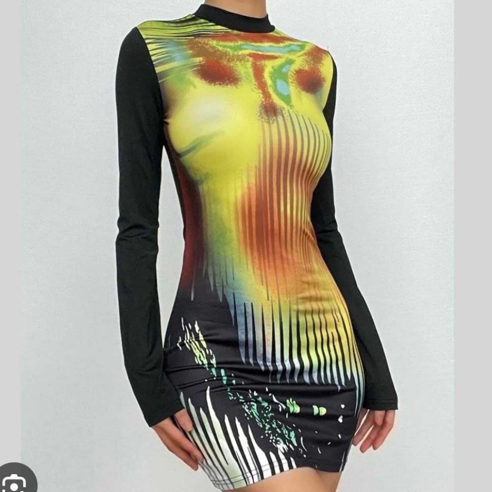 Prettylittlething multicolor body print long sleeve midi dress